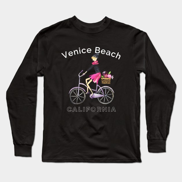 Venice Beach California Watercolor Bicycling French Girl Woman Long Sleeve T-Shirt by Pine Hill Goods